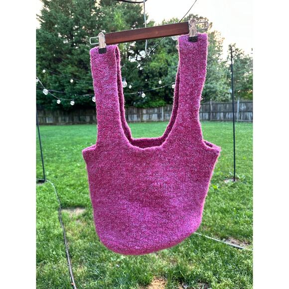 Handmade Felted Wool Knit Bucket Bag Pink Floral Embroidered Boho Purse Tote - Picture 2 of 9